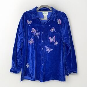 Quacker Factory 1X Indigo Velvet Butterfly Rhinestone Embroidered Button Shirt